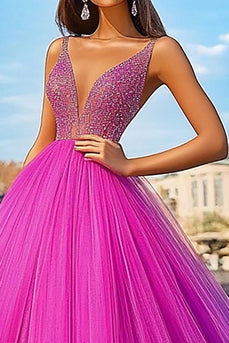 Sparkly Fuchsia Ball Gown Tulle Long Prom Dress with Beading