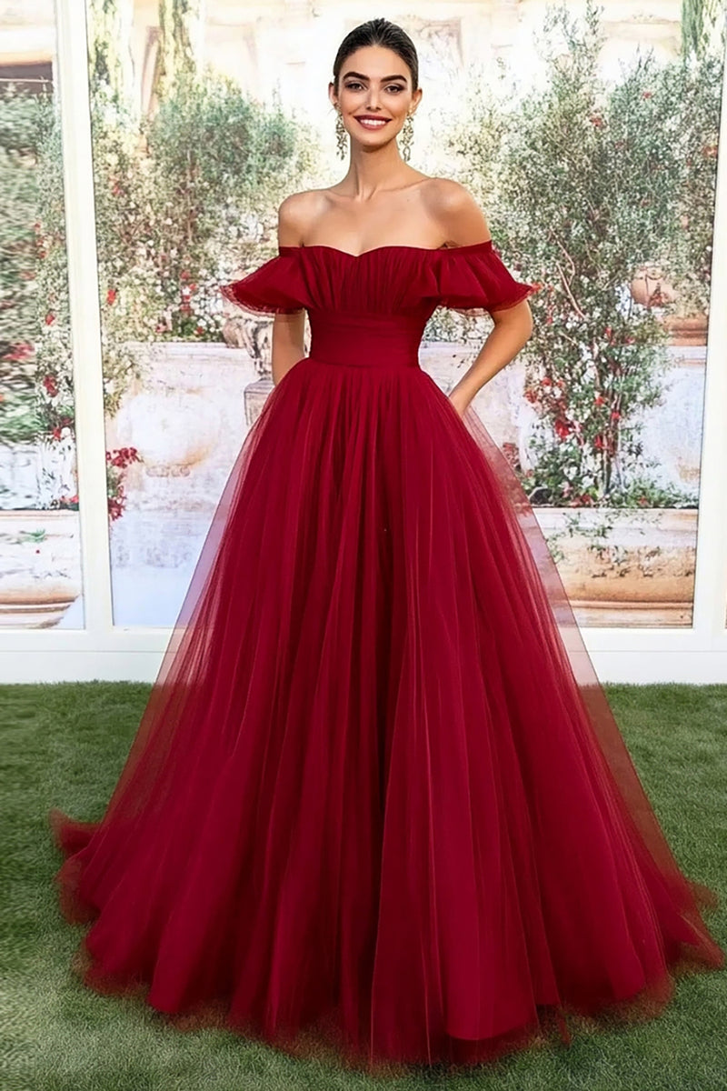 Load image into Gallery viewer, Burgundy Ball Gown Off the Shoulder Tulle Long Prom Dress