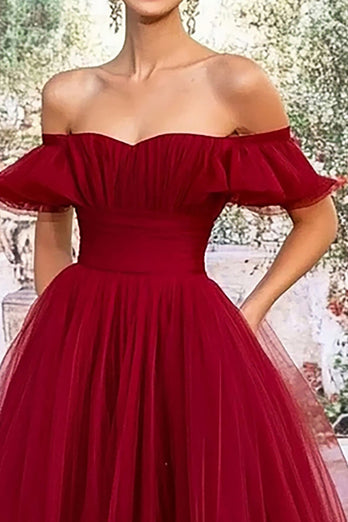 Burgundy Ball Gown Off the Shoulder Tulle Long Prom Dress