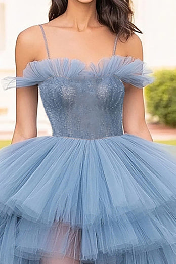 Grey Blue Tulle Spaghetti Straps Long Prom Dress with Slit