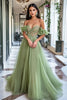 Load image into Gallery viewer, Dusty Sage A Line Off the Shoulder Tulle Long Prom Dress with Appliques