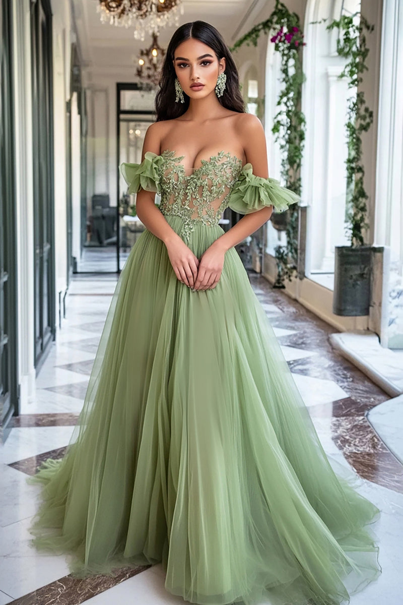 Load image into Gallery viewer, Dusty Sage A Line Off the Shoulder Tulle Long Prom Dress with Appliques