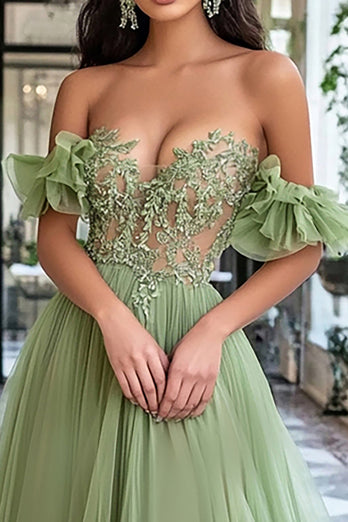 Dusty Sage A Line Off the Shoulder Tulle Long Prom Dress with Appliques