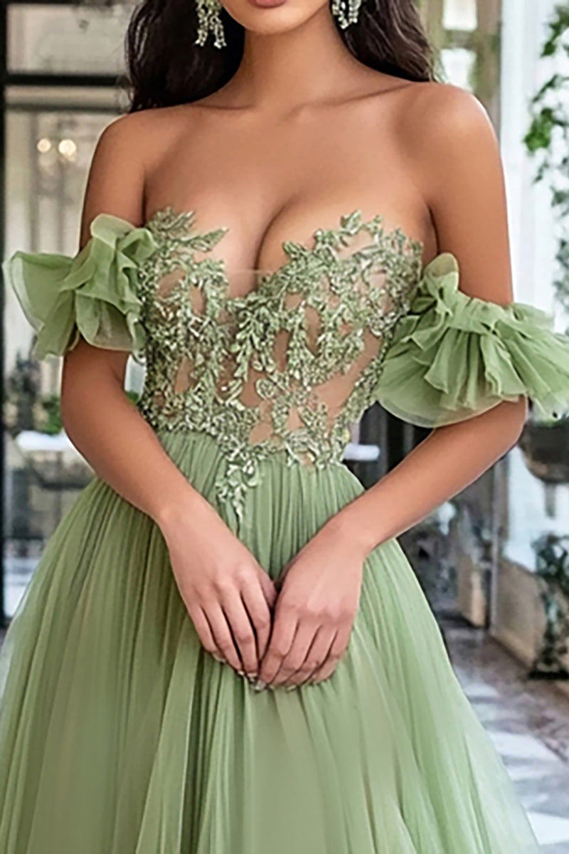 Load image into Gallery viewer, Dusty Sage A Line Off the Shoulder Tulle Long Prom Dress with Appliques