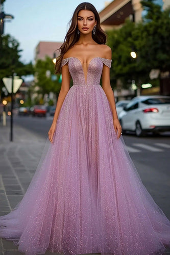 Sparkly Dusty Rose A Line Tulle Long Prom Dress with Beading