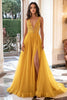 Load image into Gallery viewer, Yellow V-Neck Long Chiffon Prom Dress with Appliques