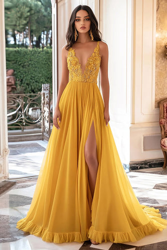 Yellow V-Neck Long Chiffon Prom Dress with Appliques