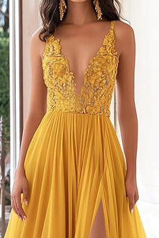 Yellow V-Neck Long Chiffon Prom Dress with Appliques