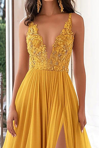 Yellow V-Neck Long Chiffon Prom Dress with Appliques