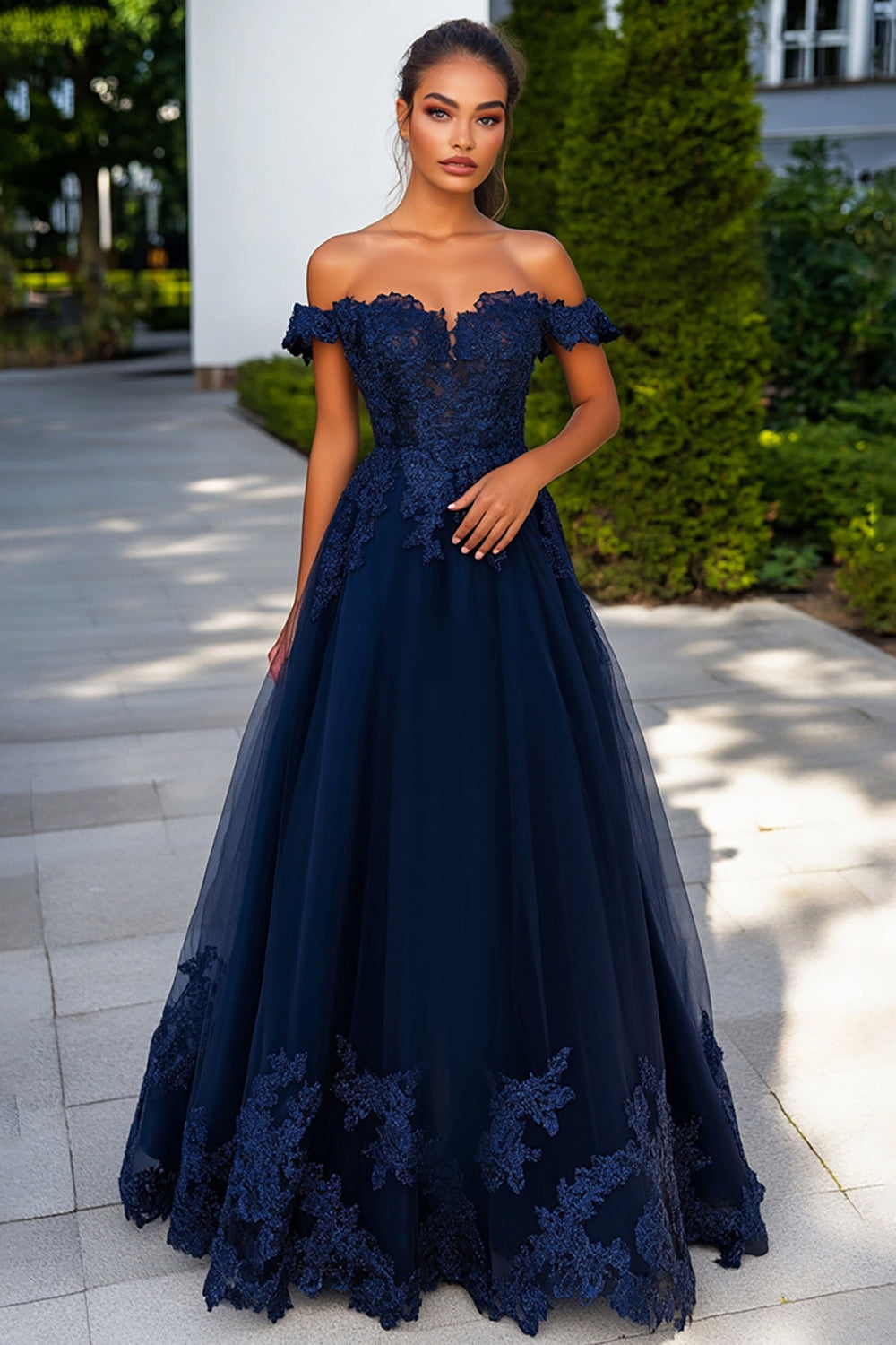 Navy Tulle A Line Long Prom Dress with Appliques