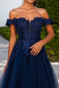 Load image into Gallery viewer, Navy Tulle A Line Long Prom Dress with Appliques