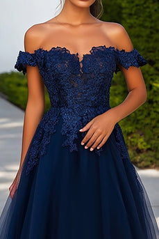 Navy Tulle A Line Long Prom Dress with Appliques