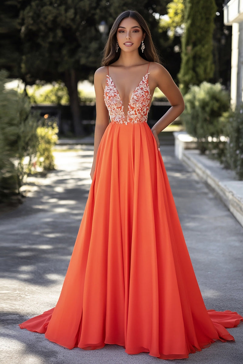 Load image into Gallery viewer, Orange V-Neck A Line Long Prom Dress with Appliques