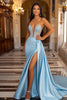 Load image into Gallery viewer, Sky Blue Strapless Long Satin Prom Dress with Beading