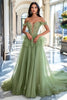 Load image into Gallery viewer, Dusty Sage A Line V-Neck Tulle Long Prom Dress with Appliques