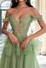 Load image into Gallery viewer, Dusty Sage A Line V-Neck Tulle Long Prom Dress with Appliques