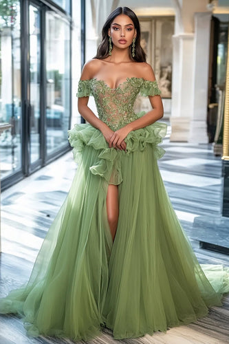 Dusty Sage Tulle Off the Shoulder Long Prom Dress with Appliques