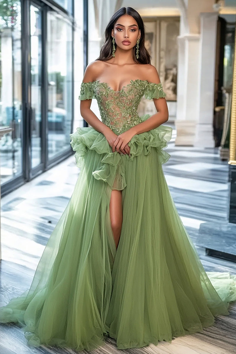 Load image into Gallery viewer, Dusty Sage Tulle Off the Shoulder Long Prom Dress with Appliques