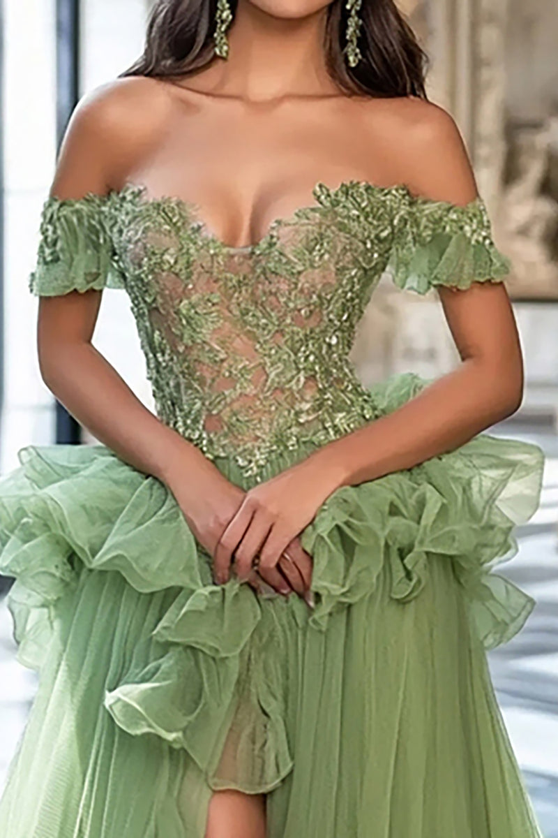 Load image into Gallery viewer, Dusty Sage Tulle Off the Shoulder Long Prom Dress with Appliques