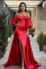 Load image into Gallery viewer, Red Puff Sleeves Long Satin Prom Dress with Slit