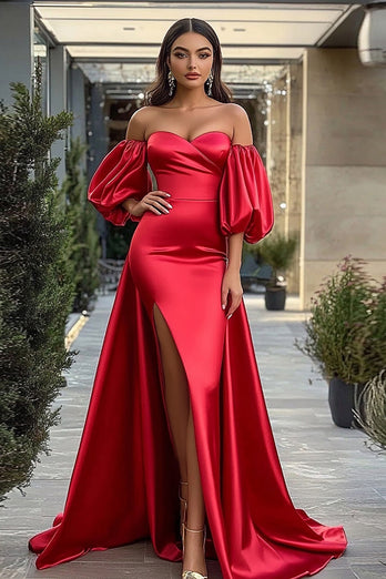 Red Puff Sleeves Long Satin Prom Dress with Slit