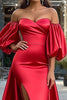 Load image into Gallery viewer, Red Puff Sleeves Long Satin Prom Dress with Slit