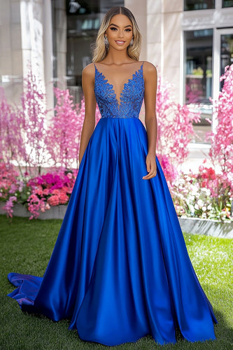 Royal Blue A Line V-Neck Long Prom Dress with Appliques