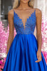 Load image into Gallery viewer, Royal Blue A Line V-Neck Long Prom Dress with Appliques