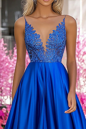 Royal Blue A Line V-Neck Long Prom Dress with Appliques