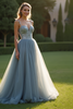 Load image into Gallery viewer, Sparkly Grey Blue Tulle Spaghetti Straps Long Prom Dress with Beading