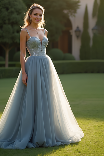 Sparkly Grey Blue Tulle Spaghetti Straps Long Prom Dress with Beading