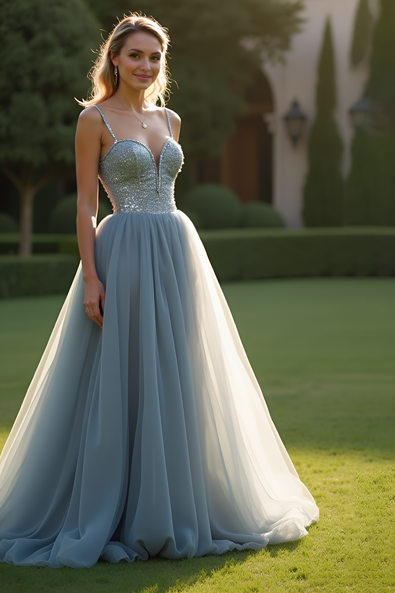 Load image into Gallery viewer, Sparkly Grey Blue Tulle Spaghetti Straps Long Prom Dress with Beading