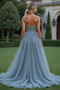 Load image into Gallery viewer, Sparkly Grey Blue Tulle Spaghetti Straps Long Prom Dress with Beading