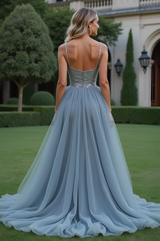 Sparkly Grey Blue Tulle Spaghetti Straps Long Prom Dress with Beading