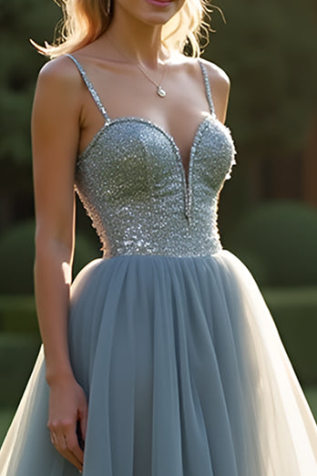 Sparkly Grey Blue Tulle Spaghetti Straps Long Prom Dress with Beading