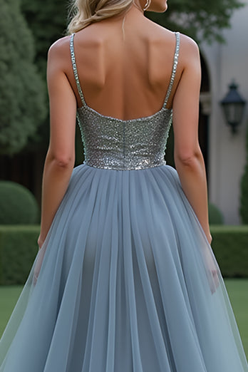 Sparkly Grey Blue Tulle Spaghetti Straps Long Prom Dress with Beading