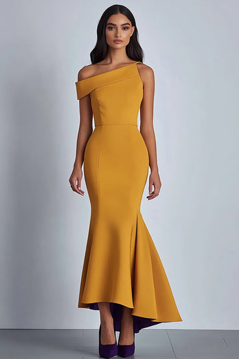 Yellow One Shoulder Ankle-Length Satin Formal Dress