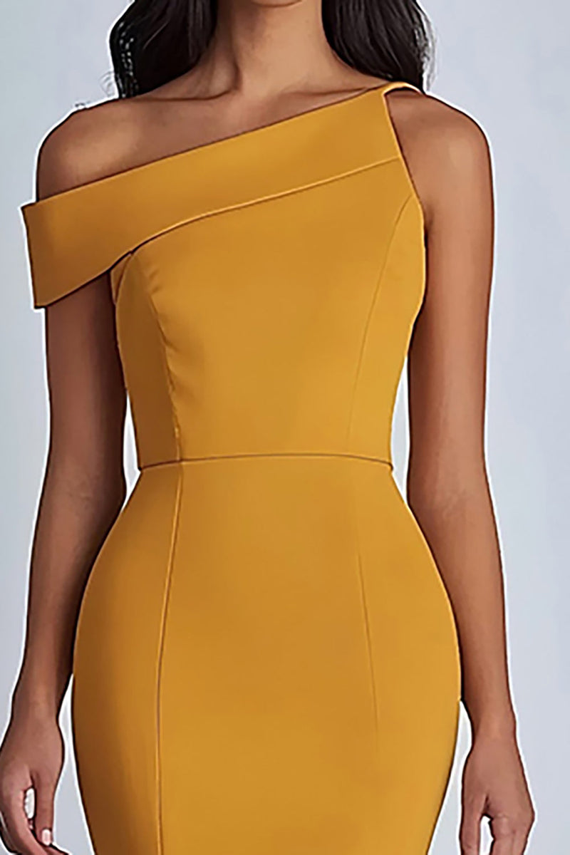 Load image into Gallery viewer, Yellow One Shoulder Ankle-Length Satin Formal Dress