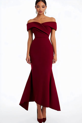 Burgundy Off the Shoulder Satin Ankle-Length Formal Dress