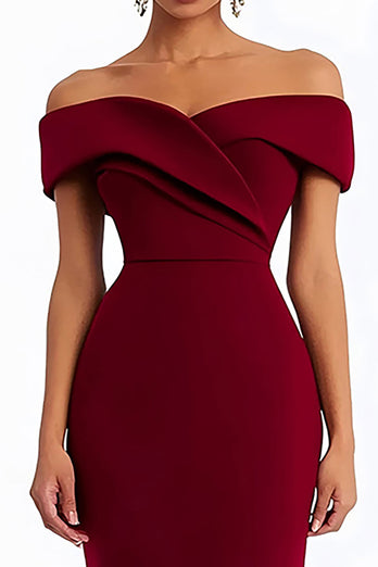 Burgundy Off the Shoulder Satin Ankle-Length Formal Dress