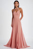 Load image into Gallery viewer, Pink Halter Ruched Long Formal Dress with Beading