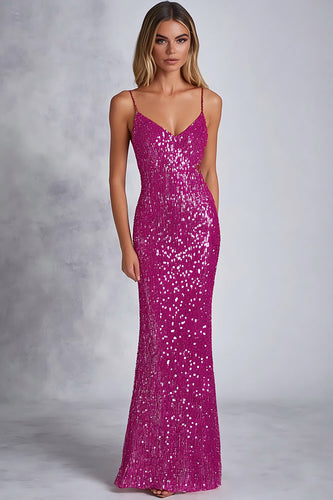 Sparkly Fuchsia Sheath Spaghetti Straps Sequins Long Formal Dress