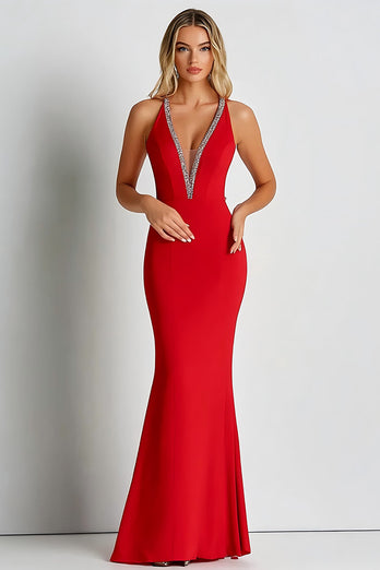 Red Sheath Deep V-Neck Long Formal Dress with Beading