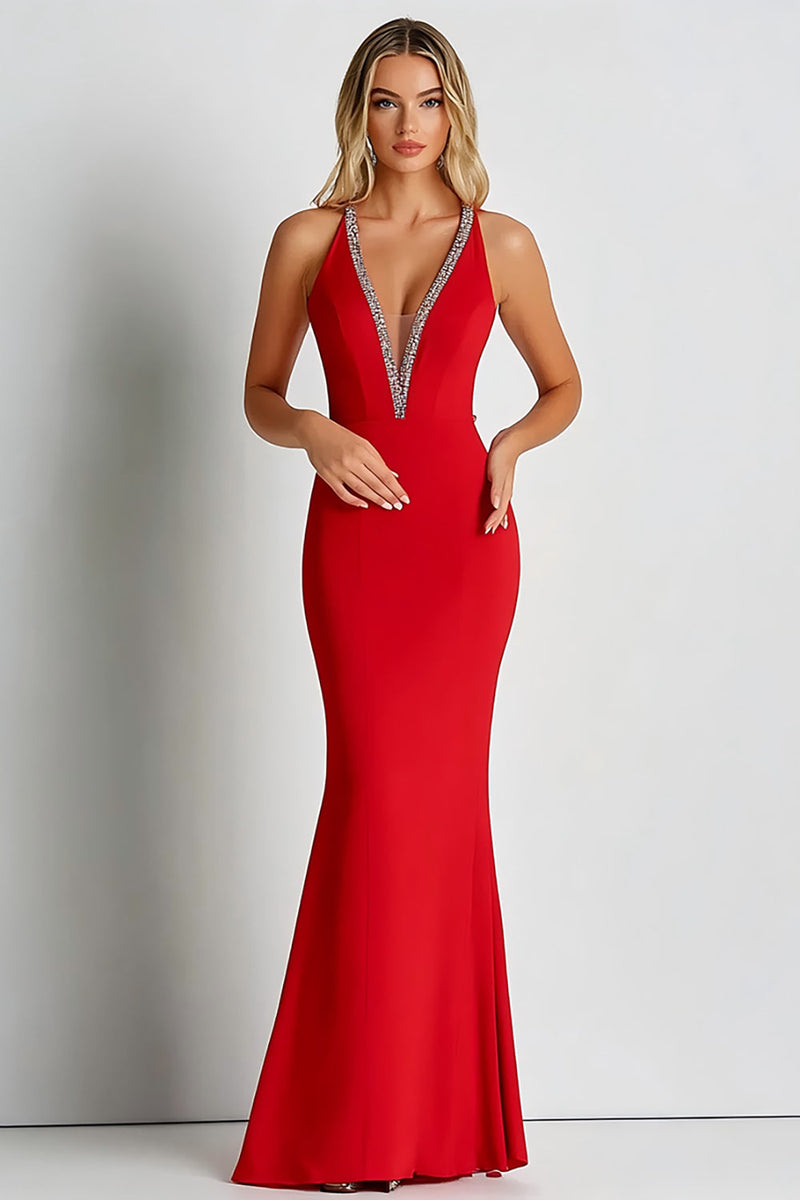 Load image into Gallery viewer, Red Sheath Deep V-Neck Long Formal Dress with Beading