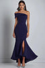 Load image into Gallery viewer, Satin Off the Shoulder Navy Sheath  Long Formal Dress with Slit