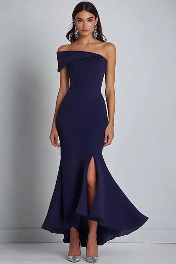 Satin Off the Shoulder Navy Sheath  Long Formal Dress with Slit