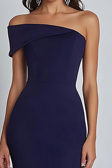 Satin Off the Shoulder Navy Sheath  Long Formal Dress with Slit