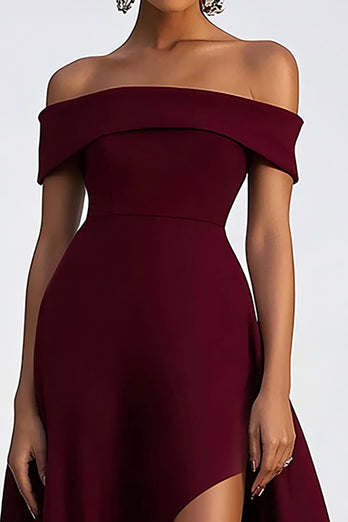 Burgundy A Line Off the Shoulder High-Low Formal Dress