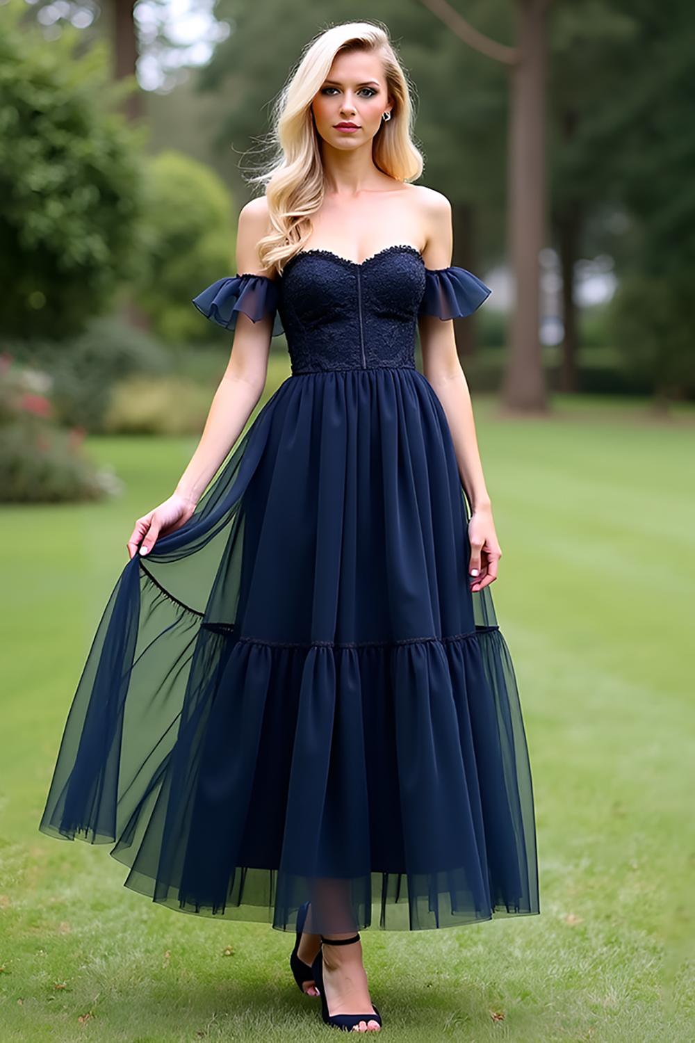 A Line Tulle Navy Sweetheart Off the Shoulder Formal Dress