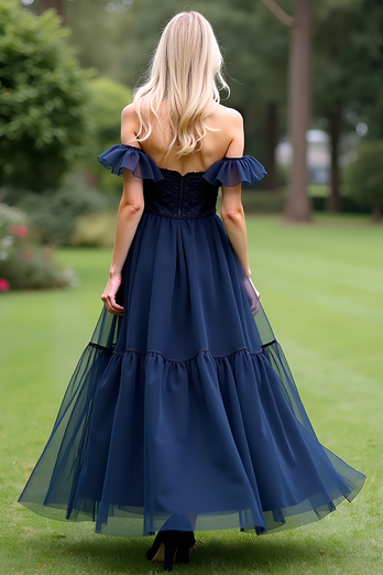 A Line Tulle Navy Sweetheart Off the Shoulder Formal Dress